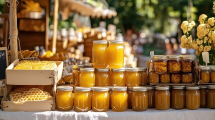 A beautifully arranged stand with fresh honey jars