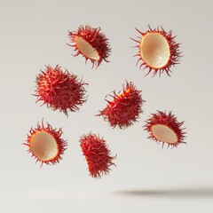Floating red rambutans with one peeled to reveal white flesh on white background, symbolizing tropical freshness. Perfect for vegan, nutrition, and exotic food themes.
