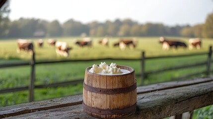 Naklejka premium Rustic wooden milk pail with fresh milk near barn fence and cows grazing in pasture