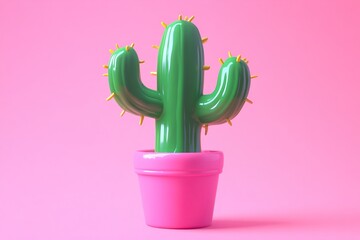 Bright green cactus in a pink pot against a vibrant pink background