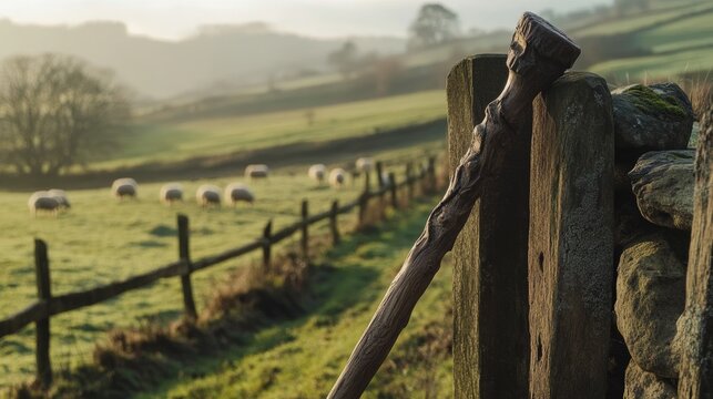 Rustic shepherds staff leaning on wooden fence in pastoral setting