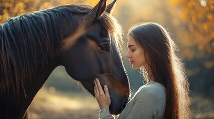 Obraz premium A young woman is next to a horse outside in a peaceful place. The close picture shows their bond and how much they trust and care for each other.