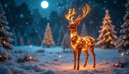Christmas deer with lights in winter forest snow scene holiday background christmas wallpaper art 4k hd