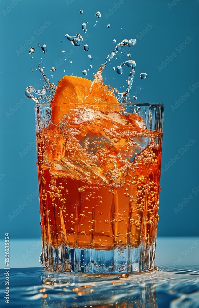Poster refreshing drink with ice and orange slice in vibrant setting