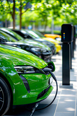 Green Electric Car Charging at a City Station