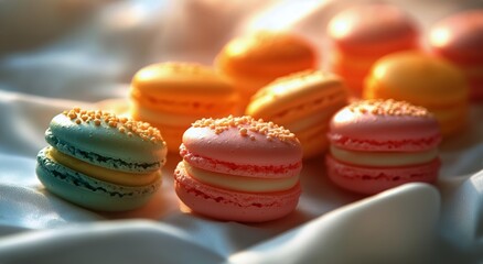 Fototapeta premium Colorful Macarons Arranged on a Soft Surface, Showcasing Delightful Pastel Hues for Dessert Lovers