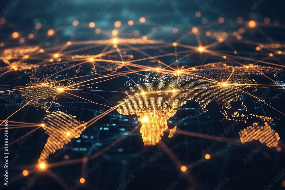 Poster global network connection digital world map abstract technology background golden orange lines illum