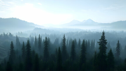 Fototapeta premium Dense Forest Under Blue Sky and Misty Mountain Background with Sunlight and Serene Atmosphere
