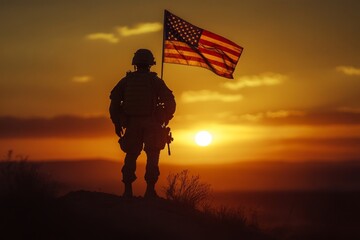 Silhouette of soldier holding us flag at sunset, honoring military service and patriotism