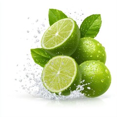 Fresh limes with water splashing on them surrounded by vibrant green mint leaves creating a refreshing scene