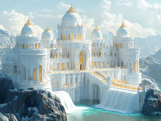a grand, white castle with gold accents, built on a rocky outcrop surrounded by snow-covered mountains and a waterfall. The castle is architecturally elaborate, featuring domes, arched windows