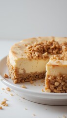 Delicious cheesecake with nut topping served on a white plate  