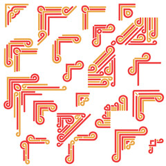 Red and gold templates corner in chinese style . Deco borders, asian ornament. Objects isolated on white background. Vector set