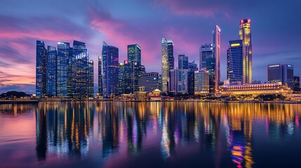 Obraz premium Stunning Night Skyline Cityscape Modern Architecture Buildings Waterfront Reflection Purple Twilight Dramatic Vibrant Colors Urban Landscape Singapore