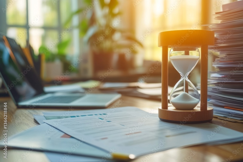 Poster hourglass is showing passing time on a busy office desk with documents and laptop, symbolizing deadl