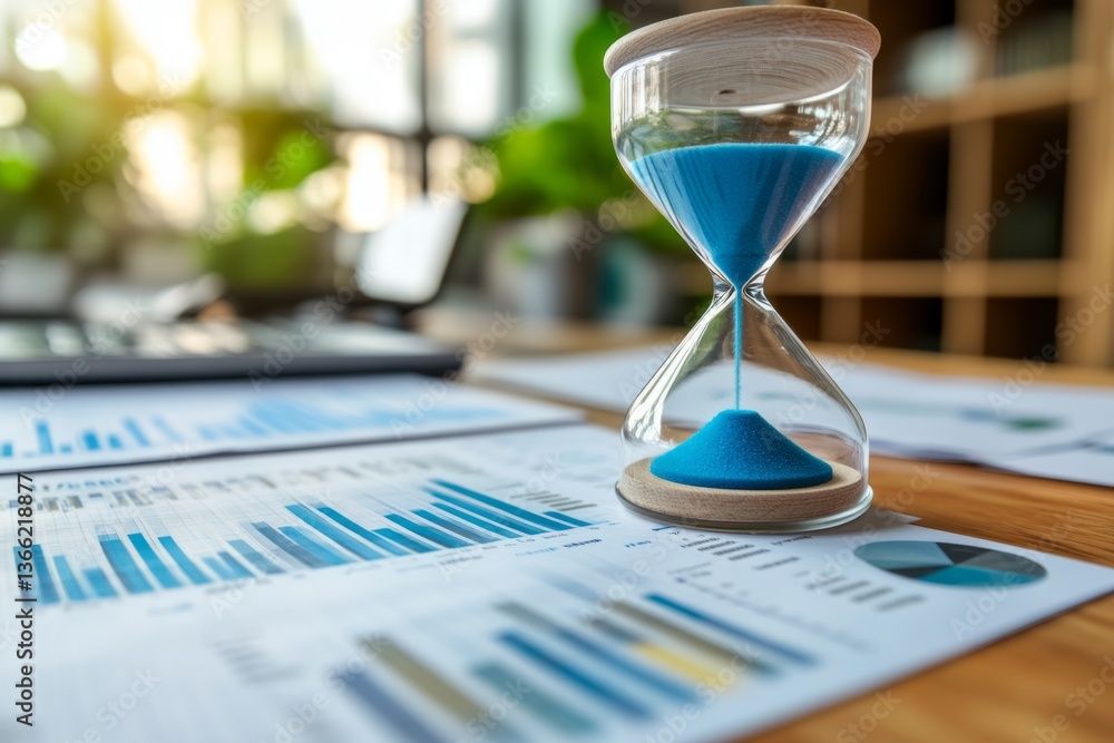 Poster blue hourglass is showing time passing by on business charts and graphs with calculator in backgroun