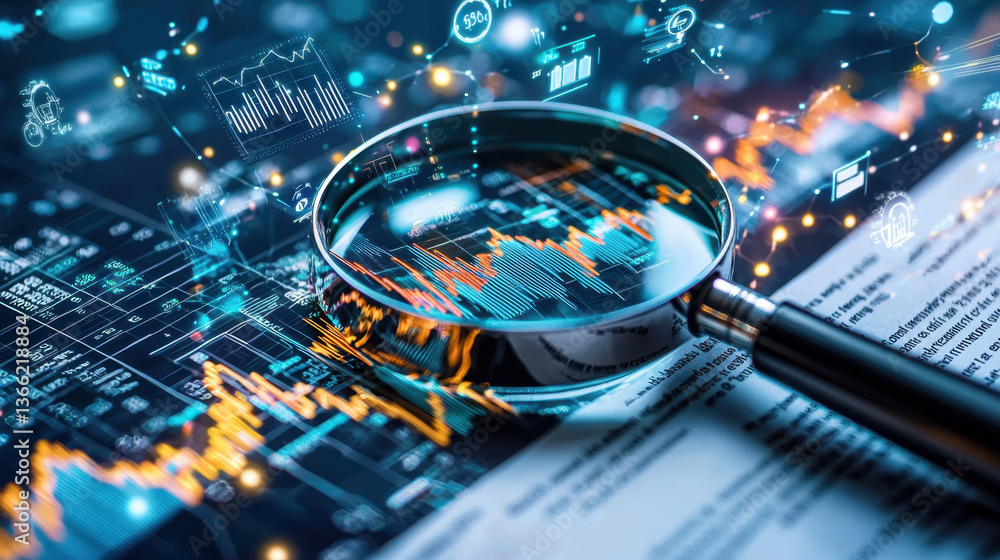 Poster analyzing financial data magnifying glass over charts and graphs