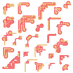 Red and gold templates corner in chinese style . Deco borders, asian ornament. Objects isolated on white background. Vector set