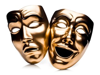 Golden Theatre Masks, Happiness And Sadness, A Drama Concept. Polished Metal Art. Symbol Of Emotion, Beautiful Detailing. Isolated On White. Stage And Acting. Classic Art.
