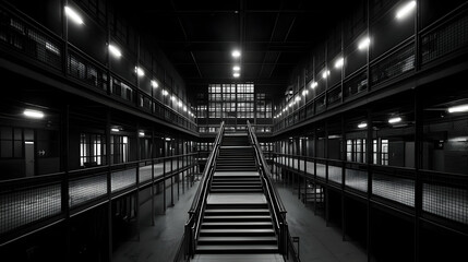 Fototapeta premium Monochromatic Modern Interior Hallway With Staircase And Geometric Lines With Architectural Perspective