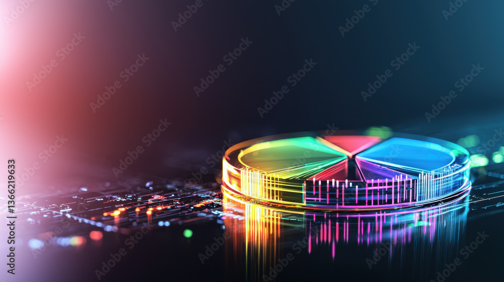 Poster glowing multicolored pie chart on dark reflective surface