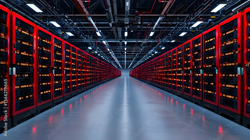 Poster red lit server racks in data center aisle with fluorescent lighting reflecting across concrete floor