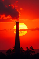 Fototapeta premium An abstract artistic shot of a chimney silhouette against a fiery red and orange sunset, creating a striking visual with vibrant colors 