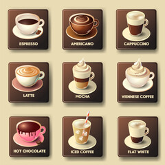 Cute coffee cups, a variety of drinks. Design template for coffee shop.Vector illustration