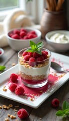This enticing raspberry parfait features luscious layers of creamy yogurt and crunchy granola, topped with fresh raspberries and a sprig of mint. The vibrant colors and textures create a mouthwatering