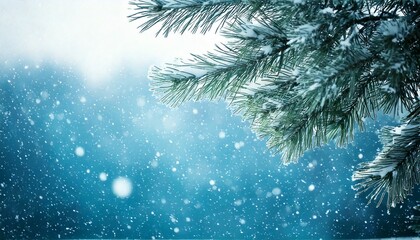 Snow falling gently on pine tree branches with empty space