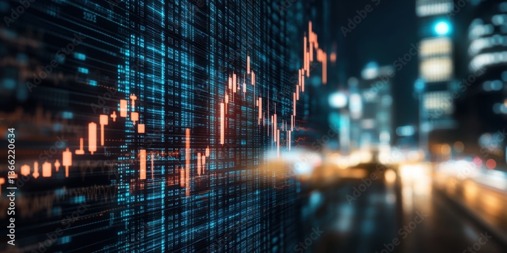 Poster dynamic digital visualization of stock market trends with vibrant graphs showcasing financial data a