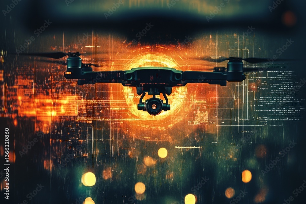 Aufkleber modern drone flying and recording futuristic orange digital binary code