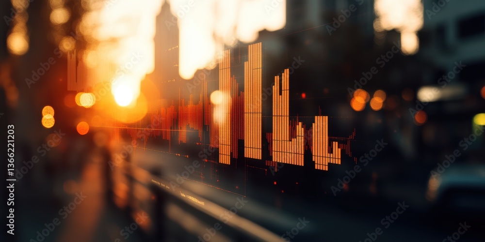 Poster visualizing global financial trends against a cityscape at sunset reflecting data graphs and an urba
