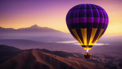 Obraz premium Colorful hot air balloon flying over scenic mountains at sunset - 