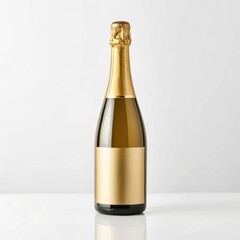 Elegant champagne bottle with gold foil and blank label on a light background with copy space