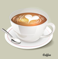  White cup on a plate with a spoon. Flavored coffee. Vector illustration