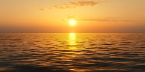 Obraz premium Golden tranquil sea reflecting a vibrant sunset with soft cloud accents