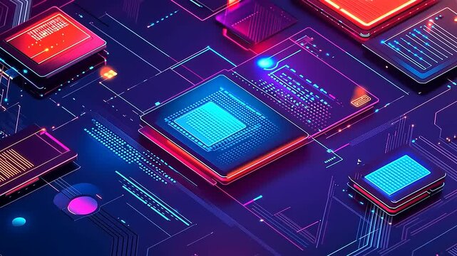 Abstract digital circuit board with glowing microchips and vibrant colors, illustrating technology innovation