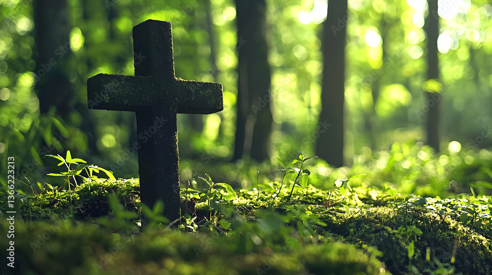 Poster weathered stone cross standing amongst greenery in a forest with sunlight filtering through the tree