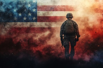 Us soldier walking away from the viewer with dramatic sky and american flag in the background