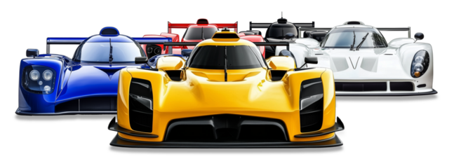 Pack or group of FICTIVE colorful hyper car endurance race cars  in yellow blue red green and black racing in slipstream isolated white background . Fast dynamic  motorsport background 