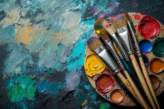 Paintbrushes lie on a vibrant artist's palette, ready to create a masterpiece on a textured canvas