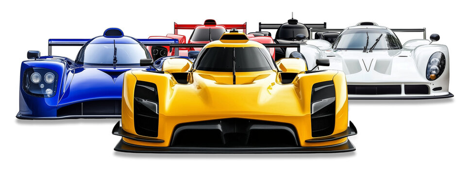 Pack or group of FICTIVE colorful hyper car endurance race cars  in yellow blue red green and black racing in slipstream isolated white background . Fast dynamic  motorsport background 