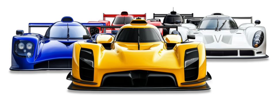 Pack or group of FICTIVE colorful hyper car endurance race cars  in yellow blue red green and black racing in slipstream isolated white background . Fast dynamic  motorsport background 