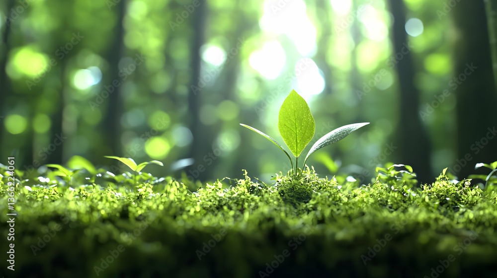 Poster close up view of a green sprout emerging from lush mossy ground in a forest setting with sunlight sh