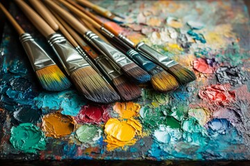 Obraz premium Several paintbrushes lie on a vibrant artist's palette, showcasing a spectrum of colors and textures