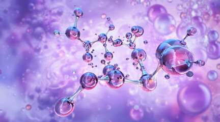 Hyaluronic acid molecules, 3D molecular chemical structure. Hydration concept, anti-aging skincare, collagen, beauty innovation. Cosmetic ingredients, lipid nanoparticles, biotechnology, dermatology 