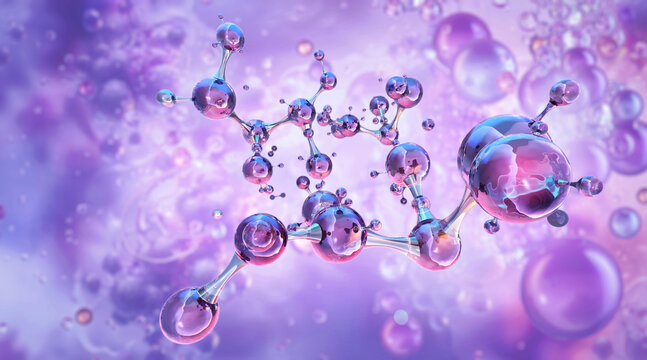 Hyaluronic acid molecules, 3D molecular chemical structure. Hydration concept, anti-aging skincare, collagen, beauty innovation. Cosmetic ingredients, lipid nanoparticles, biotechnology, dermatology 