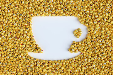 Happy emoticons arranged in the shape of cup of coffee top view. Coffee cup icon shape of smiling emoji icons mockup background. Emoticons symbols shaped of tea cup symbol copy space pattern.