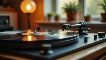 Fototapeta premium A record player sits on a wooden table with a potted plant in the background. The room is dimly lit, creating a cozy atmosphere